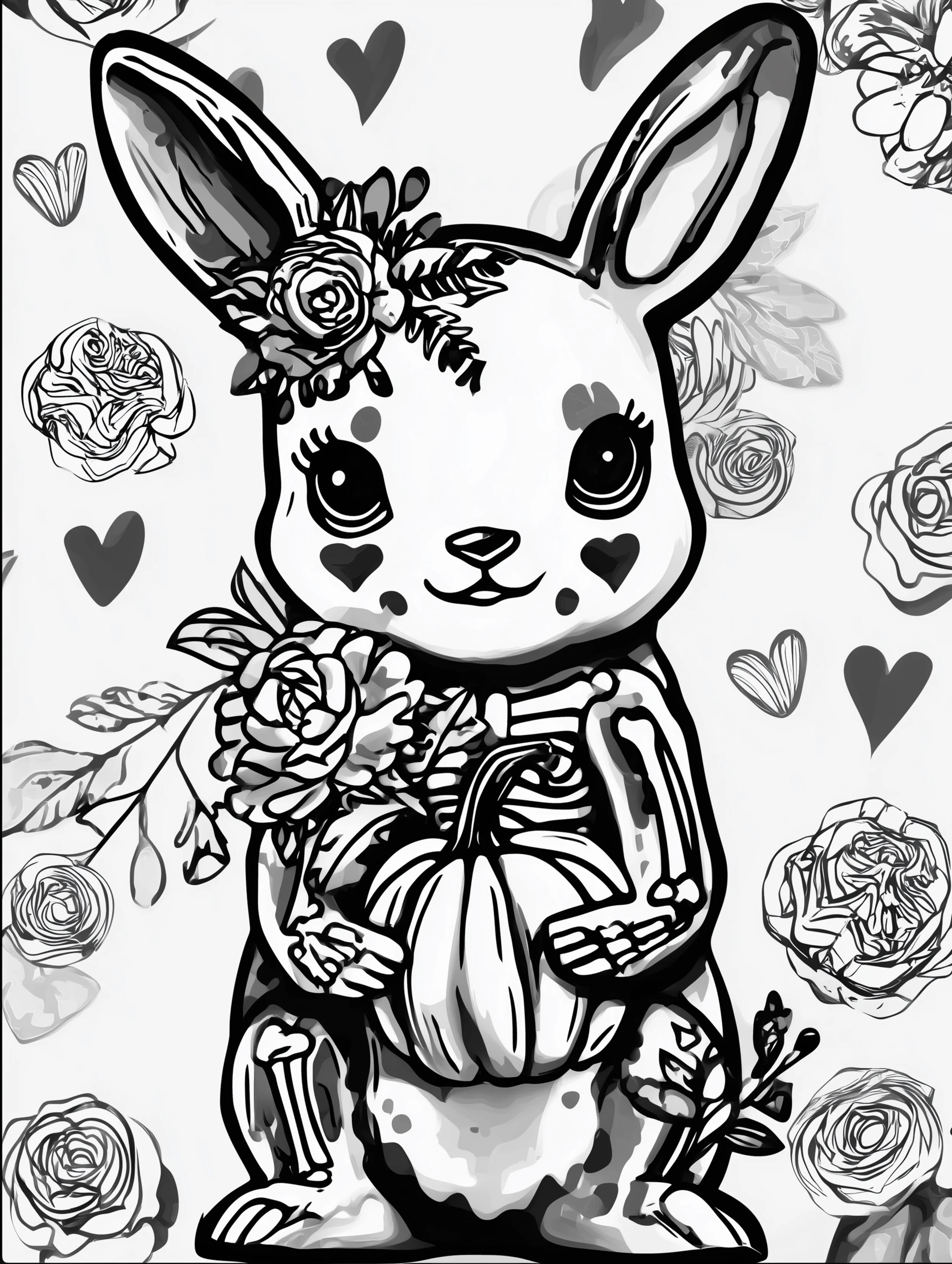 Free printable rabbit coloring page for adults featuring a skeleton bunny
